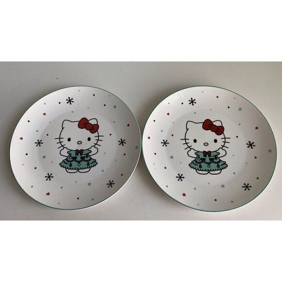 Set Of 2 Sanrio Hello Kitty Ceramic Dinner Plate 10.5” Christmas Tree Snowflake - Picture 1 of 13